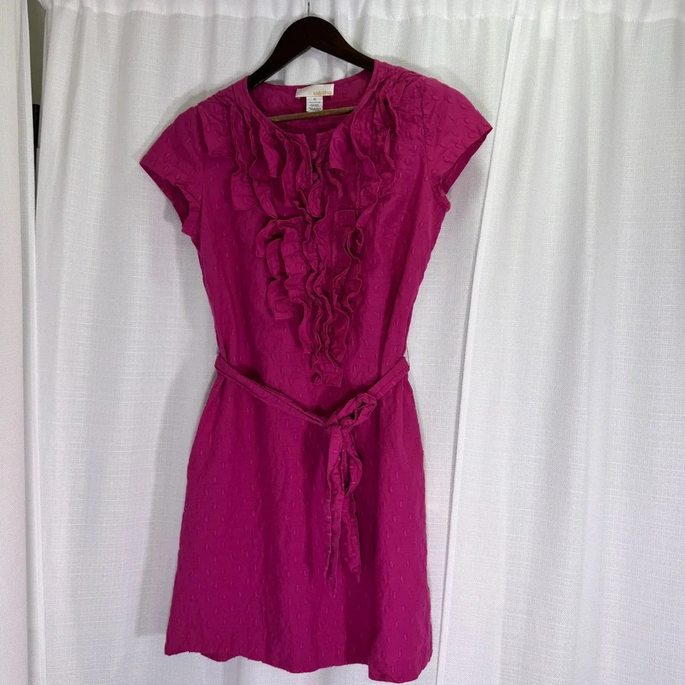 Tabitha Anthropologie Ruffle Swiss Dot Dress Women 12 Pink Cotton Belted - Picture 5 of 14